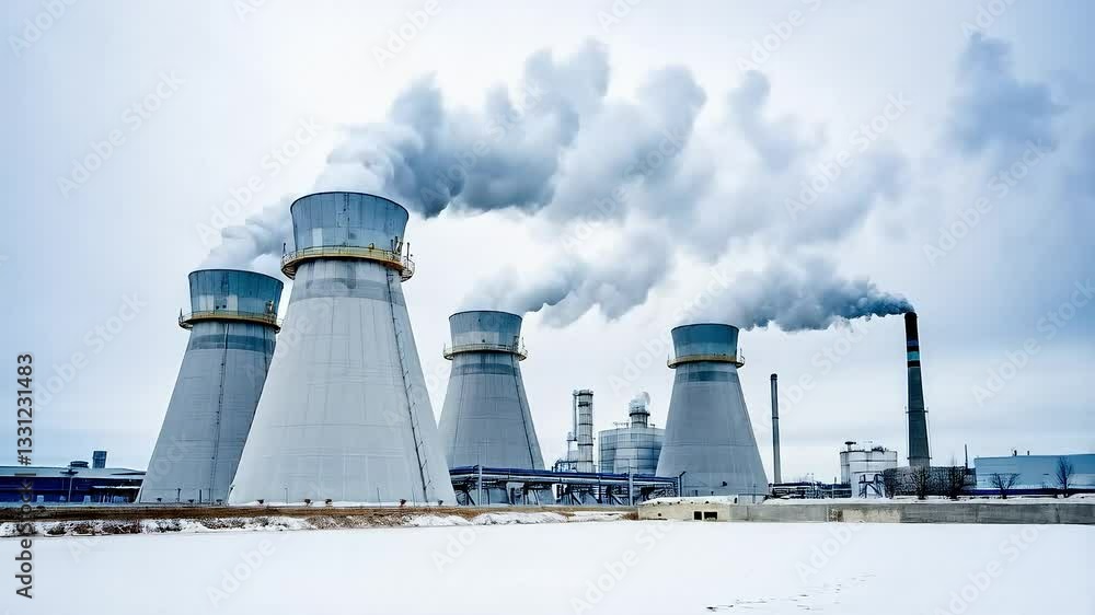 Industrial cooling towers release thick white steam, snowy foreground against cloudy dark blue sky Industrial cooling towers release thick white steam, snowy foreground against cloudy dark blue sky