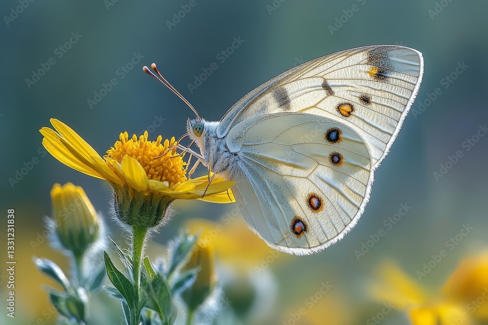 Naklejka premium Delicate butterfly perched on a yellow flower in spring, surrounded by lush greenery and blooming flowers, creating an idyllic natural scene. Soft-focus background enhances its beauty.