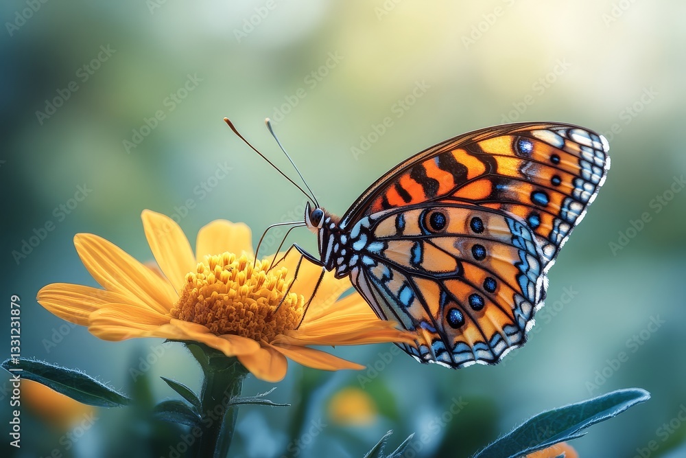 Delicate butterfly perched on a yellow flower in spring, surrounded by lush greenery and blooming flowers, creating an idyllic natural scene. Soft-focus background enhances its beauty. Delicate butterfly perched on a yellow flower in spring, surrounded by lush greenery and blooming flowers, creating an idyllic natural scene. Soft-focus background enhances its beauty.