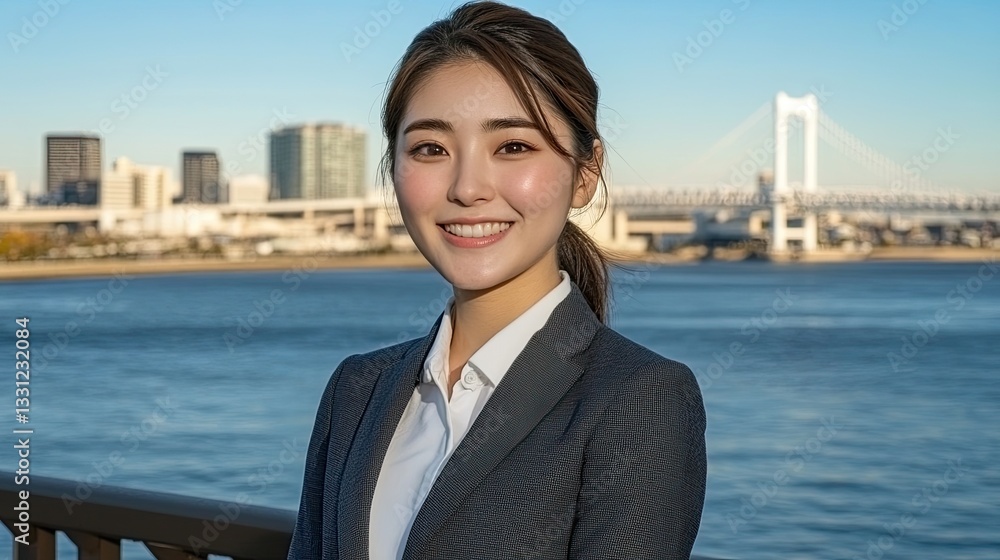 Fototapeta premium Business woman portrait by the water, Japan