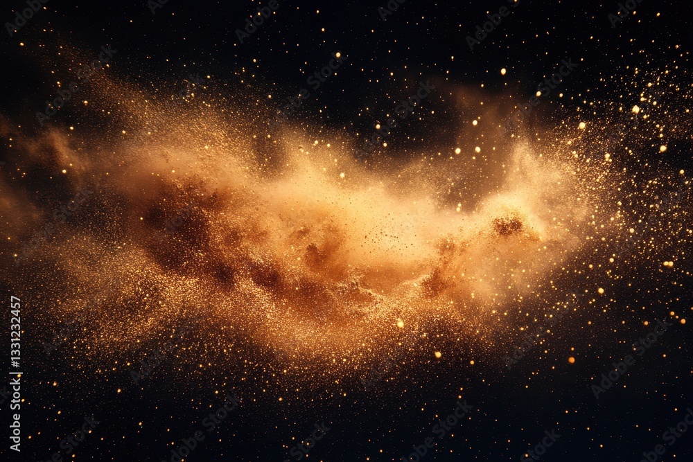 Fototapeta premium Golden dust explosion on black background. Ideal for designs needing a cosmic, luxury, or energetic feel.