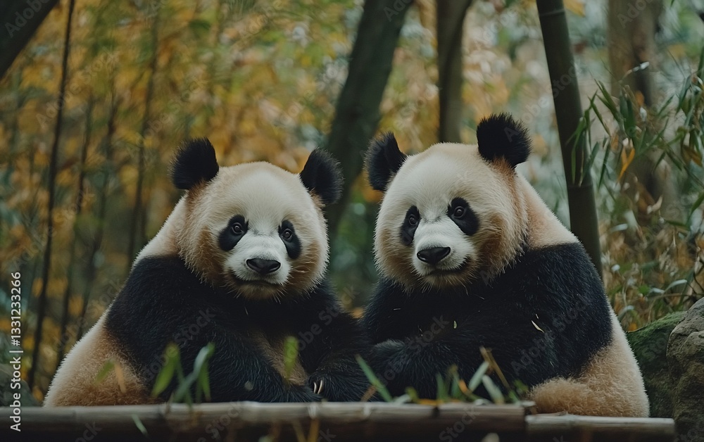 Obraz premium Two adorable giant pandas sitting together in a bamboo forest.