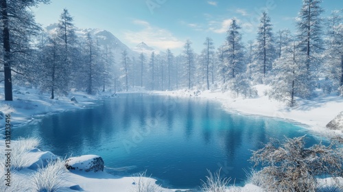 Fototapeta Naklejka Na Ścianę i Meble -  A frozen lake surrounded by a snowy pine forest