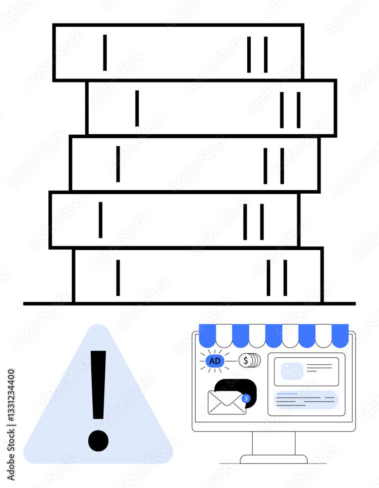 Stack of books representing learning, alert sign signifying caution, digital storefront showcasing e-commerce. Ideal for education, technology, alerts, e-learning, e-commerce, risk management Stack of books representing learning, alert sign signifying caution, digital storefront showcasing e-commerce. Ideal for education, technology, alerts, e-learning, e-commerce, risk management