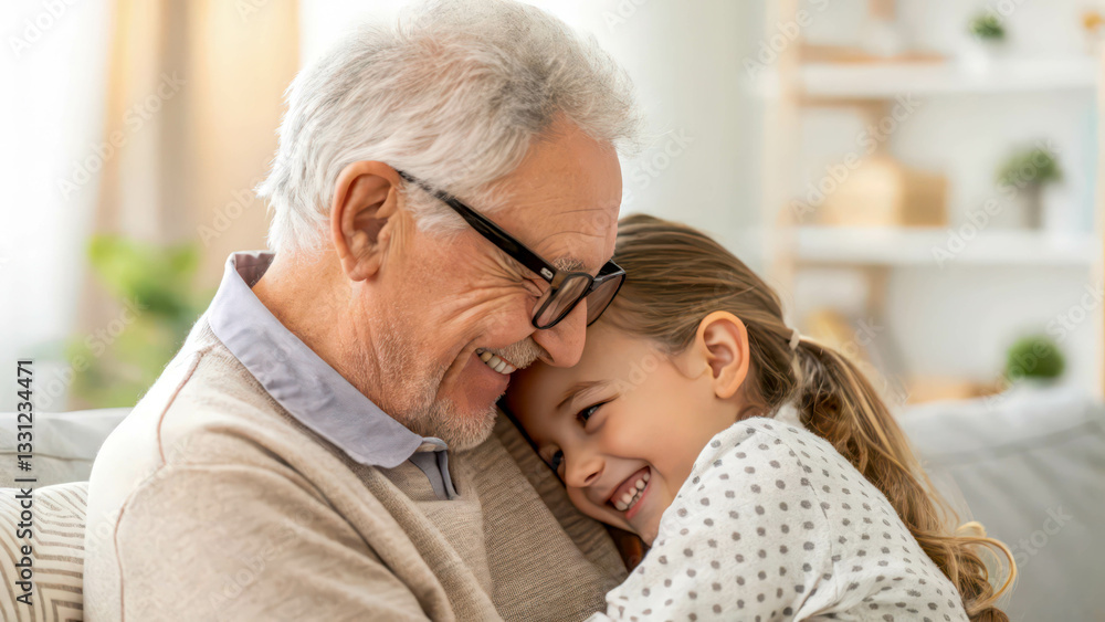 An elderly man in glasses communicates with his granddaughter. Their smiles and kind looks convey the warmth of family ties. An elderly man in glasses communicates with his granddaughter. Their smiles and kind looks convey the warmth of family ties.