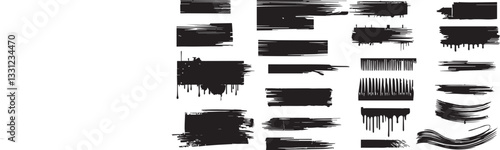 Ink stencil brush strokes and grunge lines with paint splashes drawn in a rectangular shaped composition for text, callouts. Brush strokes in dirty style with drops blots. Grunge banners. Vector set