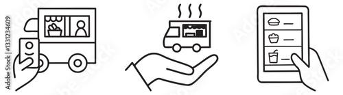 Food truck collection. Food delivery service icons depicting a food truck, ordering, and handoff.