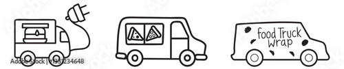 Food truck collection illustrated in a simple, cartoon style with diverse designs.