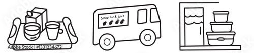 Food truck collection. Food delivery service illustrated with drinks and containers.