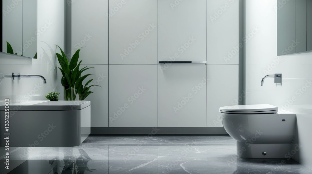 Fototapeta premium A modern minimalist bathroom with clean lines and elegant design creates a sense of tranquility and luxury. Snow-white plumbing, gray marble floor and soft lighting.