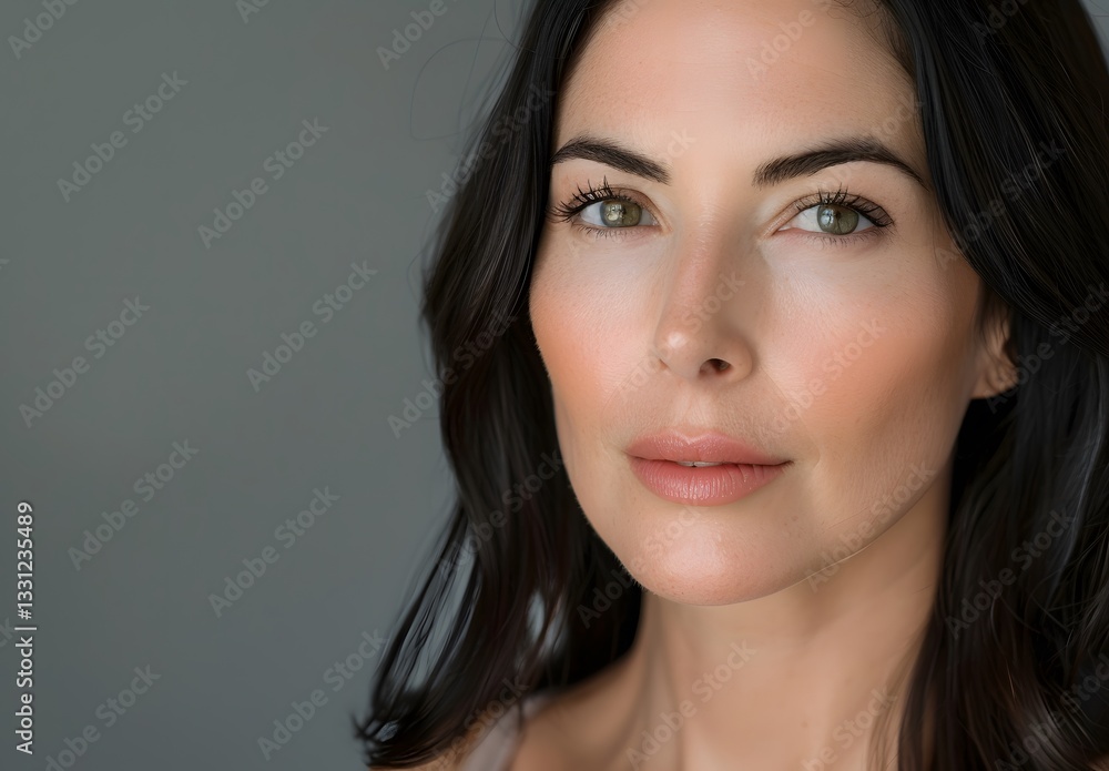 Portrait of a Beautiful Woman with Dark Hair and Green Eyes in Studio on Gray Backdrop Portrait of a Beautiful Woman with Dark Hair and Green Eyes in Studio on Gray Backdrop