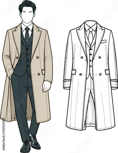 Tan Beige Color Man overcoat Art technical fashion illustration Design.