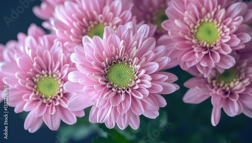 Beautiful Pink Chrysanthemum Flowers Close-Up with Petals and Vibrant Green Center in Soft Focus for Floral Photography