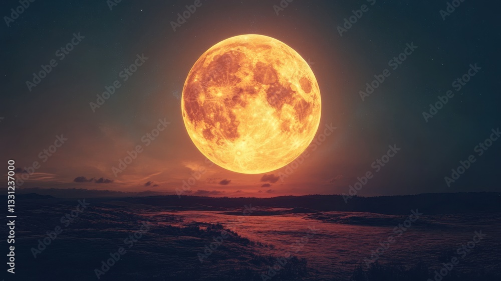 A giant luminous moon rising from the horizon, casting A giant luminous moon rising from the horizon, casting