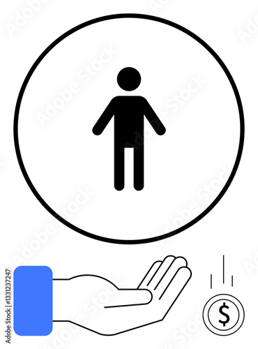 Minimalist design showing a hand extended toward a person in a circle with a falling coin. Ideal for concepts thumbs up assistance, charity, donation, care, economy, investment, and support. Flat