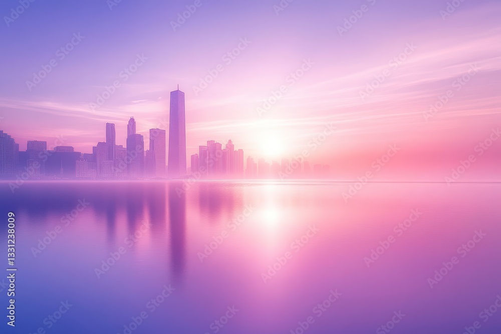 Fototapeta premium City skyline at sunrise with purple and pink hues