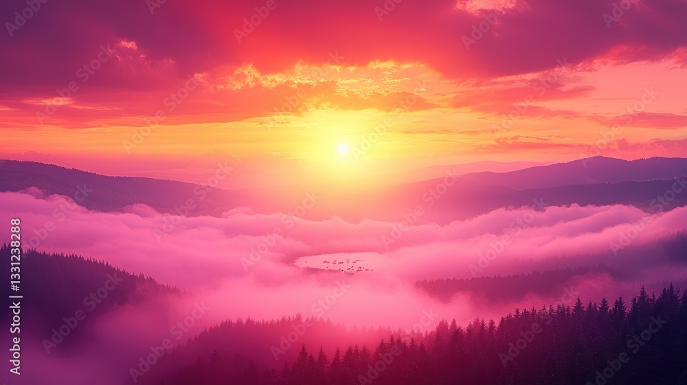 Obraz premium Pink sunset over mountains, fog-filled valley, and forest