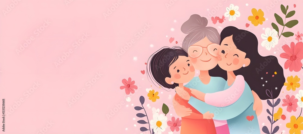 Heartwarming Mother's Day Illustration with Family, Flowers, and Pink Background Heartwarming Mother's Day Illustration with Family, Flowers, and Pink Background