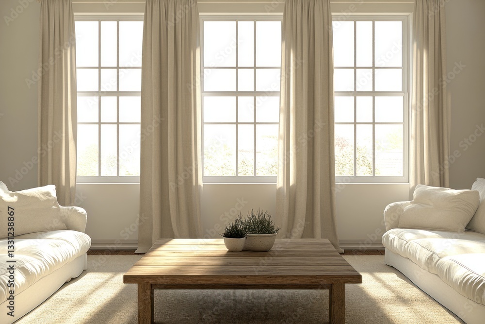 Sunlit living room with sofas, coffee table, and curtains. Sunlit living room with sofas, coffee table, and curtains.