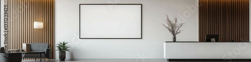 A minimalist hotel lobby with modern d?(C)cor, featuring a sleek poster mockup on a clean white wall near the reception area.