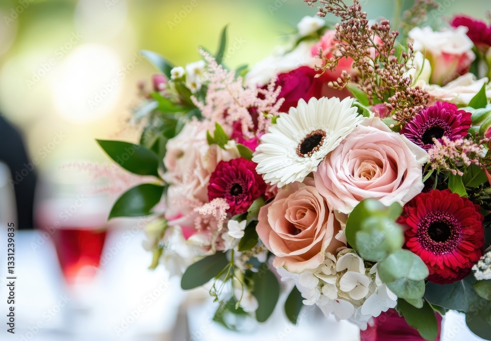 Fototapeta premium Beautiful vibrant mixed flower bouquet with roses, gerbera daisies, and greenery arranged elegantly in a soft focus, suitable for celebration settings or decor.