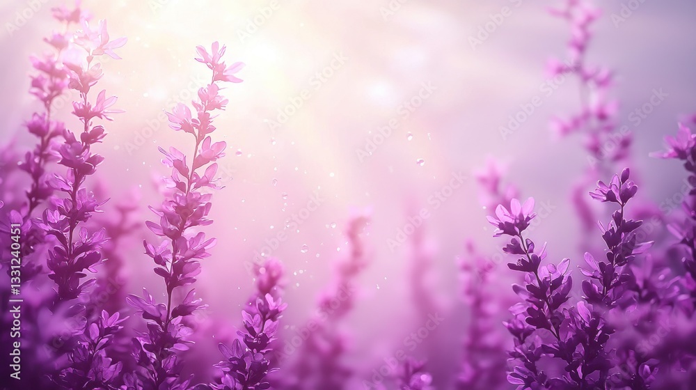Naklejka premium Purple flowers bloom, sunlit and ethereal. Soft focus, dreamy scene