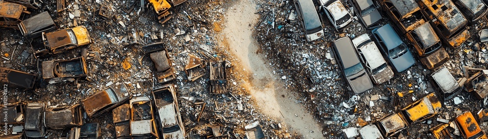 Aerial view of a scrap yard filled with various discarded vehicles and metal debris. Aerial view of a scrap yard filled with various discarded vehicles and metal debris.