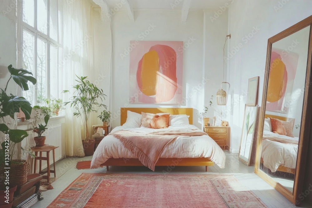 Fototapeta premium Sunlit bedroom with mustard bed, pink rug, and abstract art.