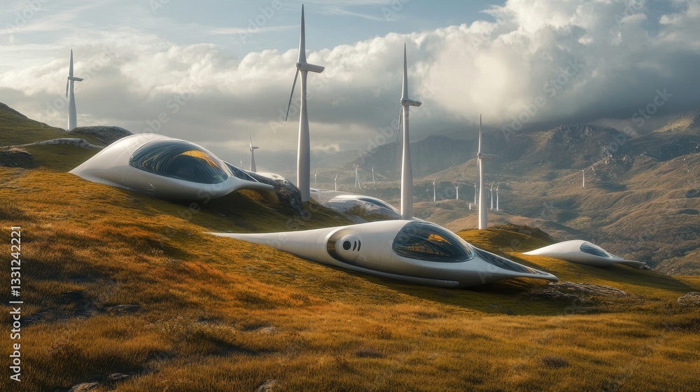 Fototapeta premium futuristic wind turbines on the hills