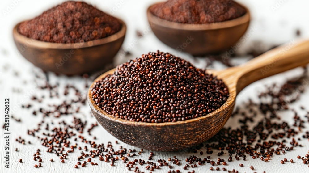 Red quinoa grains in wooden bowls and spoons on rustic white wood surface