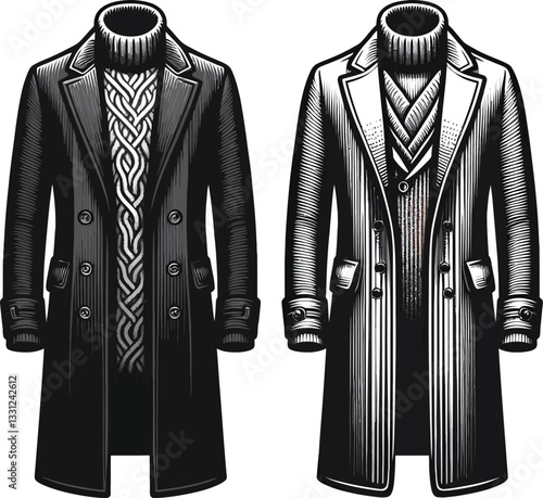 Black Color Man overcoat Art technical fashion illustration Design.