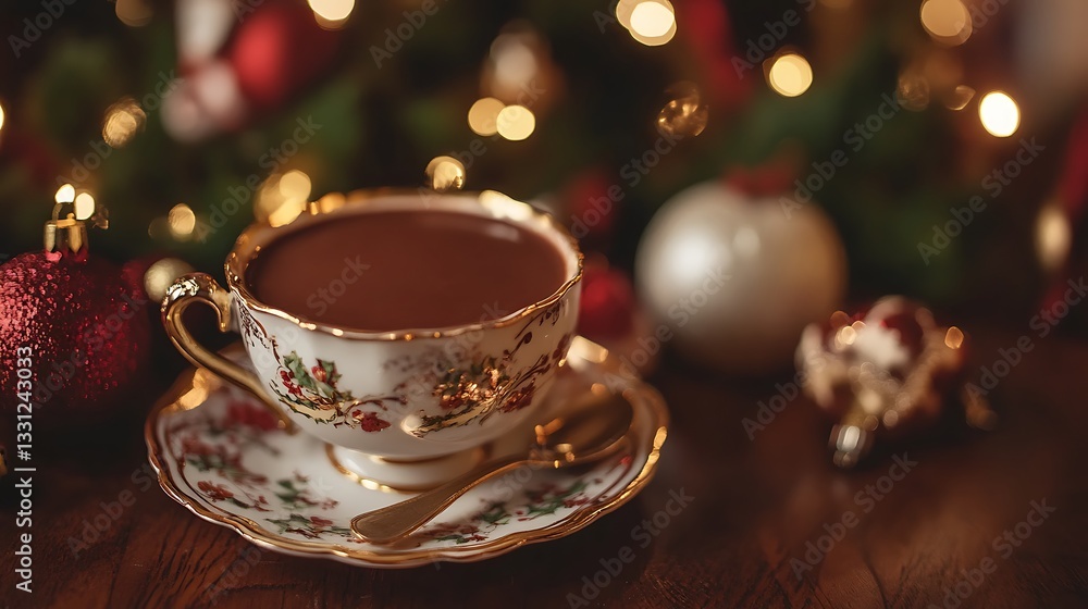 Fototapeta premium Cup of hot chocolate in a fancy bone cup with gold and a silver spoon in front of a christmas