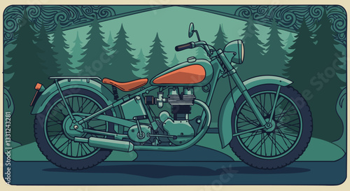 Vector illustration with classic motorcycle standing on forest road. Classic bike in the forest. EPS 10 version.