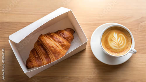 Golden croissant in box and hot coffee breakfast in the morning scene, bakery product template
