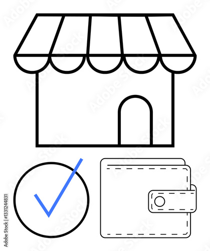 Small shopfront with striped awning, wallet with stitching detail, and checkmark indicating transaction approval. Ideal for retail, shopping, e-commerce, payment, security, finance transaction flat