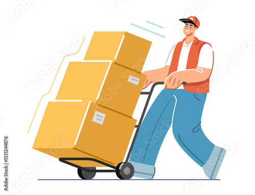 Mover in uniform carries cargo cart with boxes. Moving, delivery service. Warehouse worker of transport company