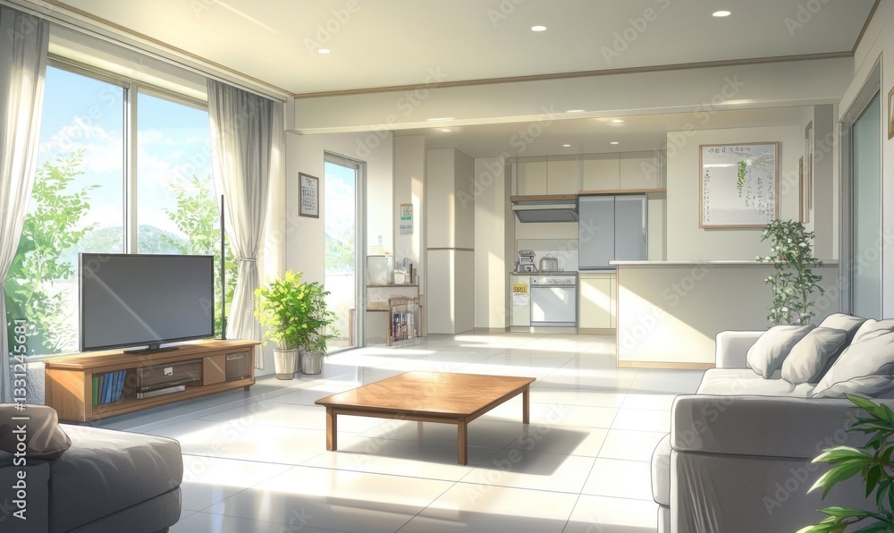Fototapeta premium Sunny Japanese style apartment living room, open kitchen view, tranquil scene