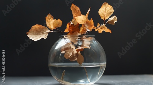 Dried leaves in a glass bowl with water on a dark background.