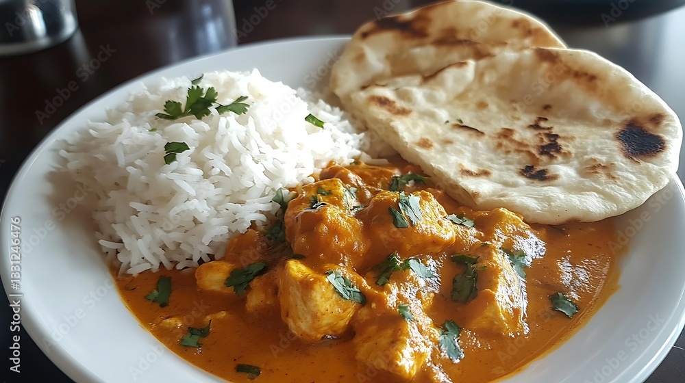 Delicious chicken tikka masala with steamed rice chicken cury and pita bread Delicious chicken tikka masala with steamed rice chicken cury and pita bread