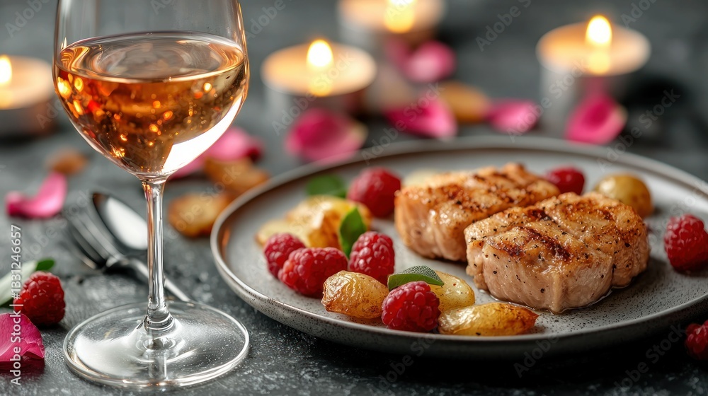 Romantic dinner wine, meat, potatoes, raspberries, candles, and flower petals Romantic dinner wine, meat, potatoes, raspberries, candles, and flower petals