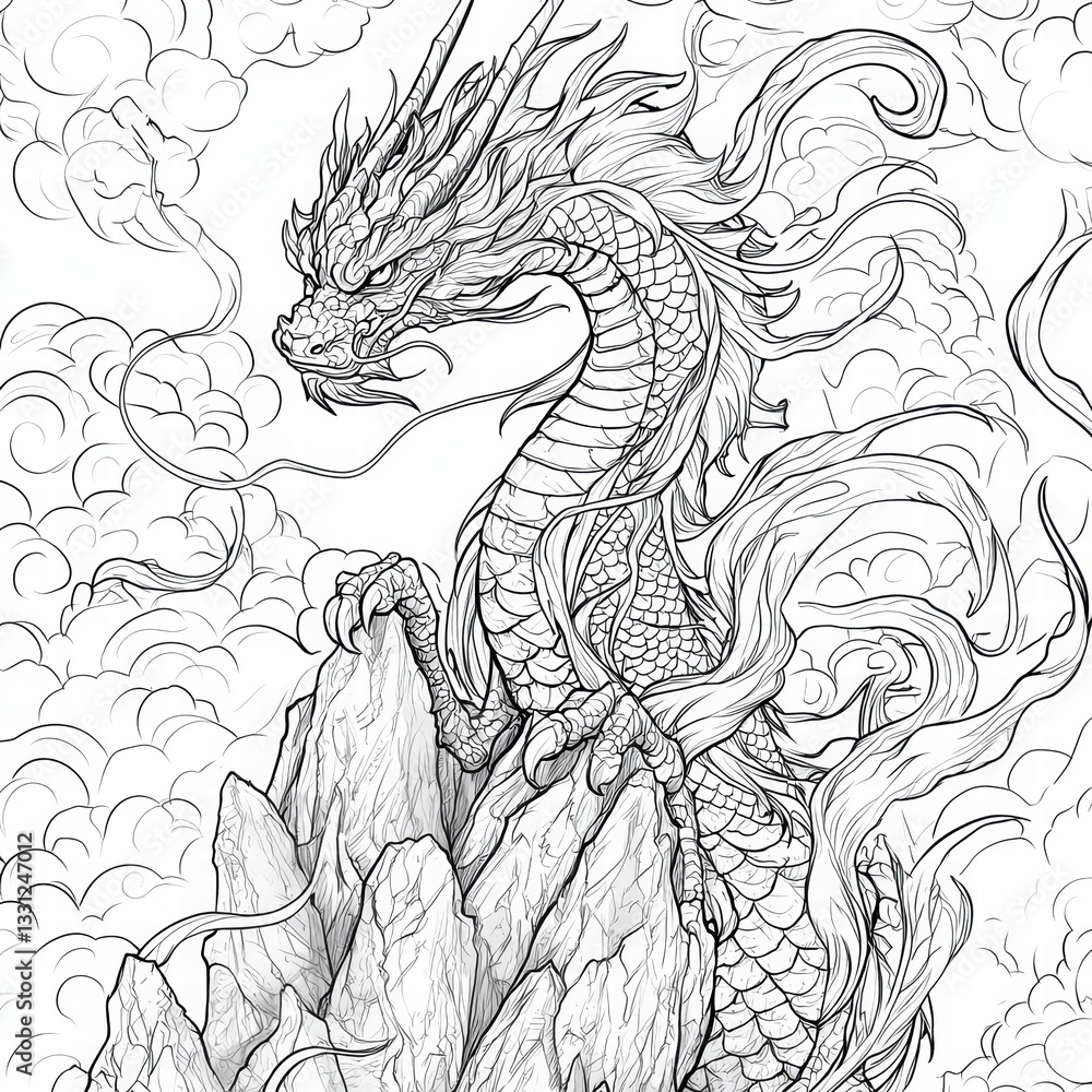 Fototapeta premium Celestial Dragon: A detailed, black-and-white artistic illustration of a majestic dragon atop a mountain, surrounded by wispy clouds, evoking a sense of mythical grandeur.