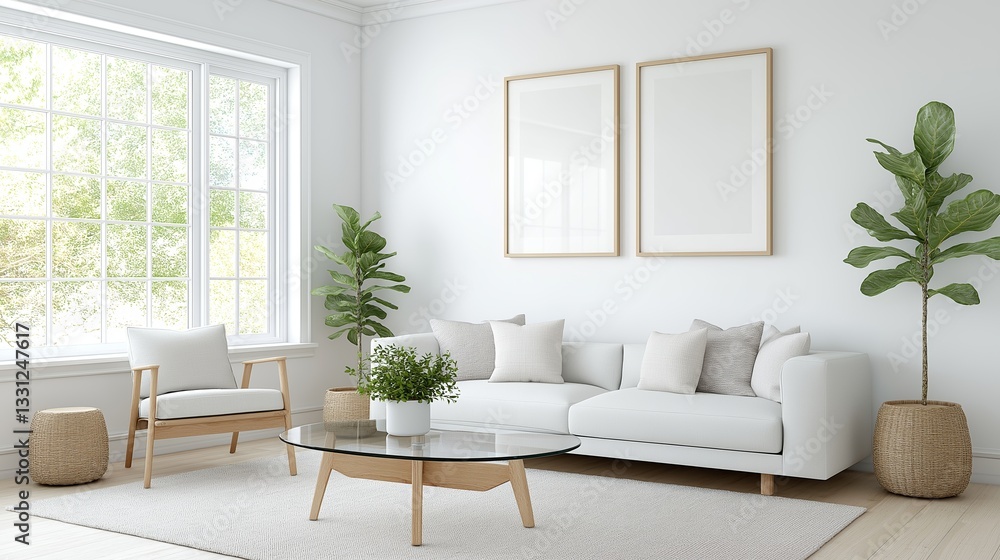 Fototapeta premium Man cleaning a glass coffee table in a bright living room with modern decor