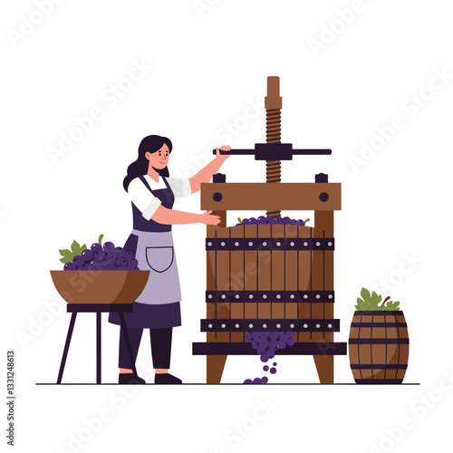 Woman operating a traditional grape press in flat vector art style for winemaking process