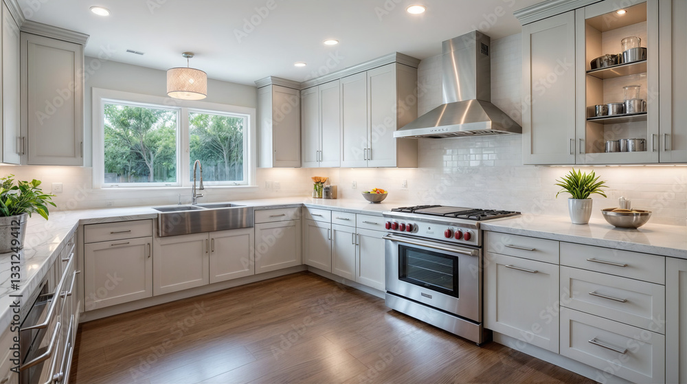 The image is of a modern kitchen with sleek, white cabinets, stainless steel appliances, and hardwood floors. It features a large window, a farm sink, and a gas range with a hood. The image is of a modern kitchen with sleek, white cabinets, stainless steel appliances, and hardwood floors. It features a large window, a farm sink, and a gas range with a hood.
