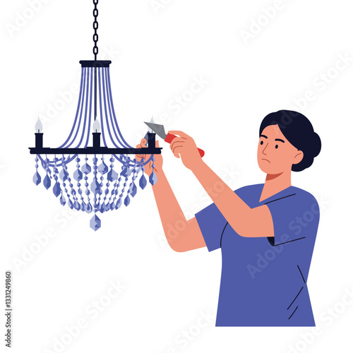 Person fixing a chandelier in flat vector illustration style of home decor