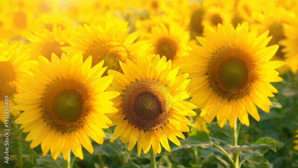 A close-up of a field of sunflowers, their bright yellow petals glowing in the sunlight, creating a cheerful and optimistic background A close-up of a field of sunflowers, their bright yellow petals glowing in the sunlight, creating a cheerful and optimistic background