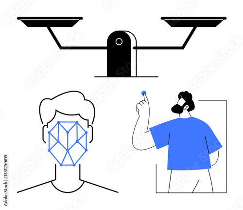 Balance scale, face with geometric pattern, and man with microchip. Ideal for ethics, AI, technology, privacy, decision-making innovation digital responsibility. Flat simple metaphor