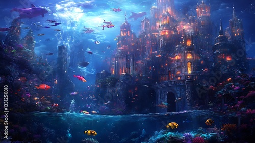 Fototapeta Naklejka Na Ścianę i Meble -  Underwater city scene, marine life swimming, glowing buildings, coral reef background, fantasy use