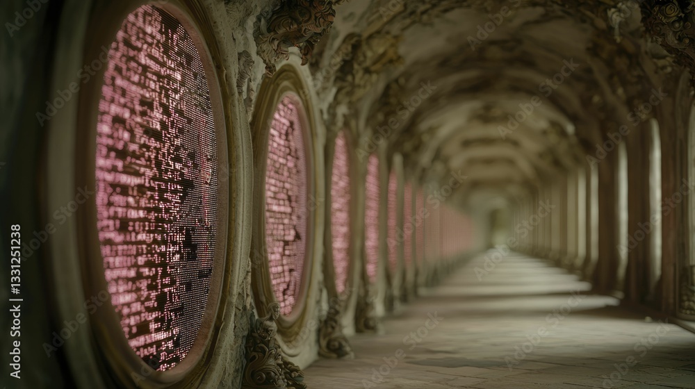 Fototapeta premium An ornate endless hallway lined with glowing intricate circular panels