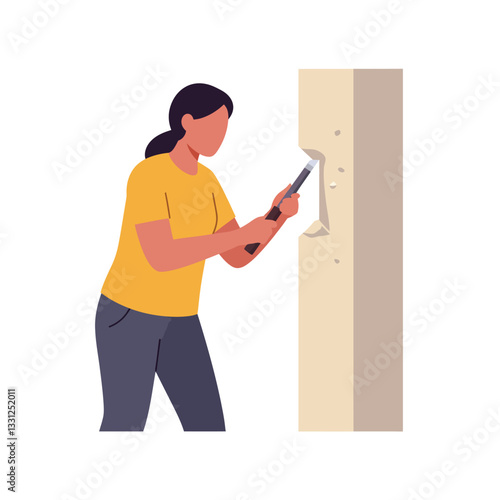 Craftsperson chiseling wood with precision in flat design vector art